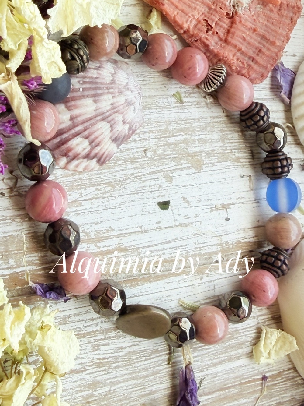 Fall + brass +Rhodonite beaded bracelet